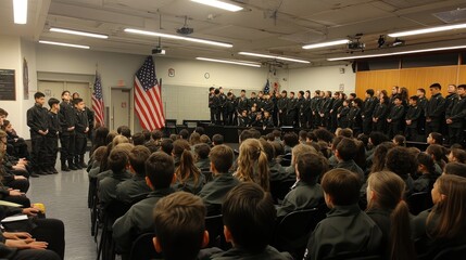 Children in a school auditorium with American flags in the background