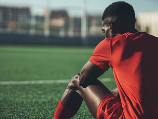 Obraz premium A person sitting on a soccer field with their legs crossed, potentially waiting for the game to start or taking a break