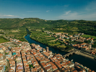 Aerial view of Bosa, a small colourful town near Oristano, Sardinia island, Italy
