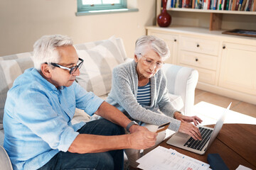 Old couple, credit card or password on laptop for mortgage payment with elderly husband or wife....