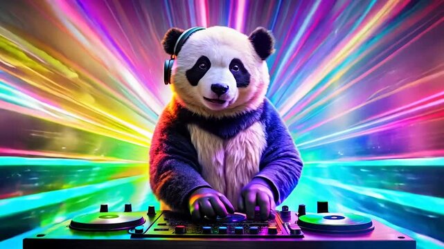 Panda DJ in a Neon Light Show.
