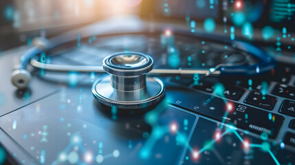 Healthcare business graph and data of Medical business growth on laptop, investment, financial and banking, Medical business report on global network. development innovation technology to improve