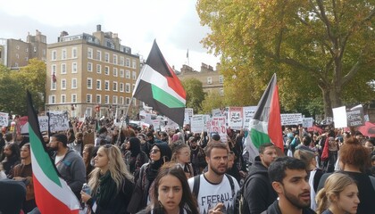 A Crowd of People Holding Palestinian Flags and Signs During a Protest