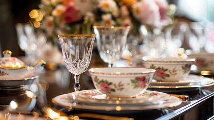 A beautifully arranged table features fine china and crystal glassware, adorned with a vibrant floral centerpiece
