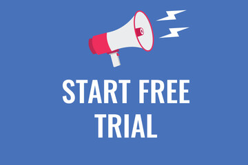 start free trial button, banner, label, template for website. start free trial text with colorful megaphone icon
