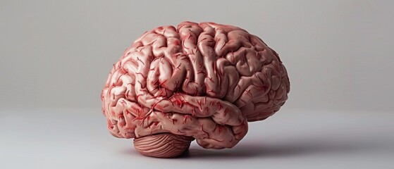 A pink plastic brain model with red blood vessels is shown in left lateral view on a gray background, creating a serene image focus.