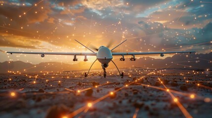 A gray military drone with four wings flies over a desert at sunset. Thin lines connect to data dots, showing the drone's network. Sand dunes and mountains are visible.