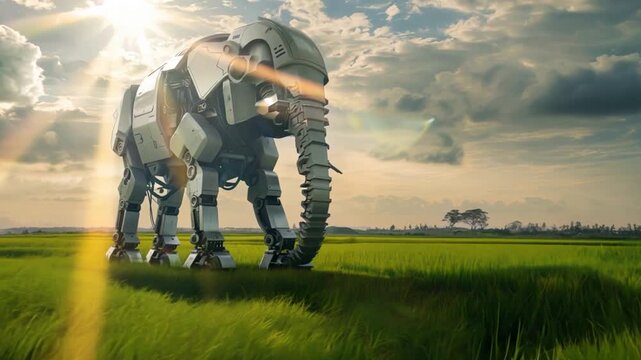 A robot elephant walks in the middle of a green rice field.