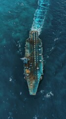 A large aircraft carrier sails in deep blue waters, flanked by fighter jets, leaving a visible wake behind.