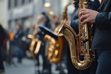 A Saxophone Player in a Crowd, Close-Up of Saxophone