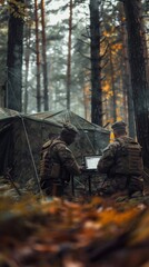 Two soldiers in a forest, diverse in ethnicity, use a laptop back to back. Ready with weapons, they exhibit seriousness in a temporary military camp setting preparing for action.