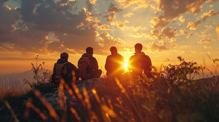 Group of sporty people walks in mountains at sunset with backpacks.