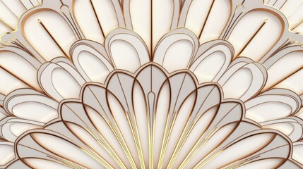 The abstract artwork with beige and gold petals forms a dynamic, ornate pattern reminiscent of a fan or seashell. Against a textured brown background