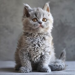 Adorable Grey Curly-haired Kitten Sitting on Grey Background.