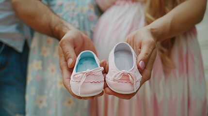 photo of two hands holding pink baby shoes with a pregnant woman in the background, capturing a detailed and intimate family moment with soft light and pastel colors