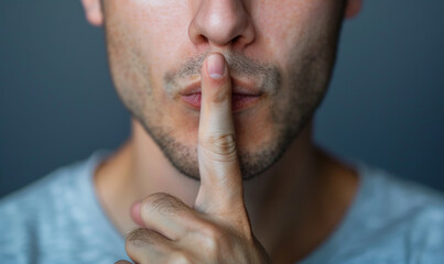 Close-up of a man making a "shh" gesture with his finger on his lips