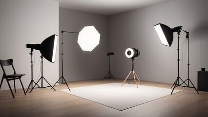 Empty photo studio with lighting equipment. 3D rendering. Mock up