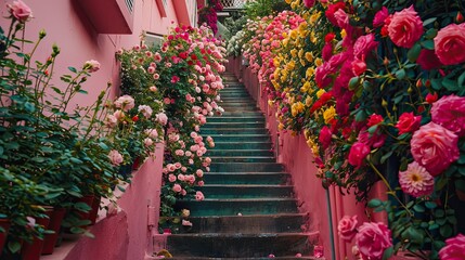 In the alley, there is an endless wall of roses on both sides and pink walls at home. The steps go up to the top with many colors of flowers blooming all over it. 
