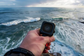 Obraz premium Videographer is holding an action camera, getting ready to film the beautiful ocean waves crashing on the rocks