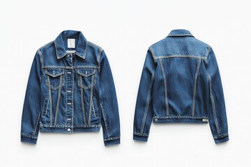 Front and back view of classic blue denim jacket on white background