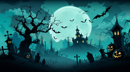 Moonlit Graveyard With Haunted House Bats And Jack-O-Lanterns Creating A Spooky Halloween Scene