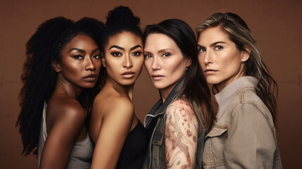 
4 women of different ethnicities, all beautiful and stunning with great skin tones posing for the camera. 