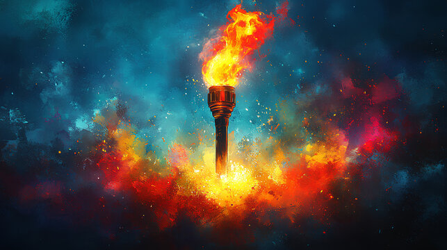 he 2024 Olympic Games in Paris, France. Watercolor image of the Olympic torch on an empty background. The moment of awarding and issuing medals