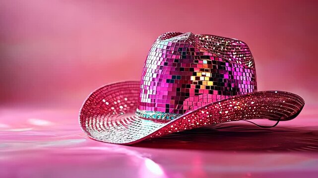 Sparkling pink disco cowboy hat rotating on reflective surface