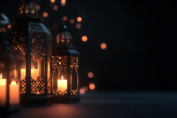 Glowing Moroccan ornamental lanterns on the table. Greeting card, invitation for Muslim holy month Ramadan Kareem. Festive dark night background with ornamental light and shadow play on wall.