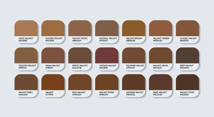 Walnut Color Palette, Walnut Color Guide Palette with Color Names. Catalog Samples of the Brown with RGB HEX codes and Names. Wood Color Palette Vector, Water-based Colors, and Fashion Trend colors