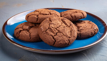 Fototapeta premium Closeup of Round, Brown, Cookies on a Blue Plate and Copy Space