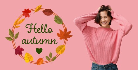 Banner with stylish woman in sweater. Hello autumn