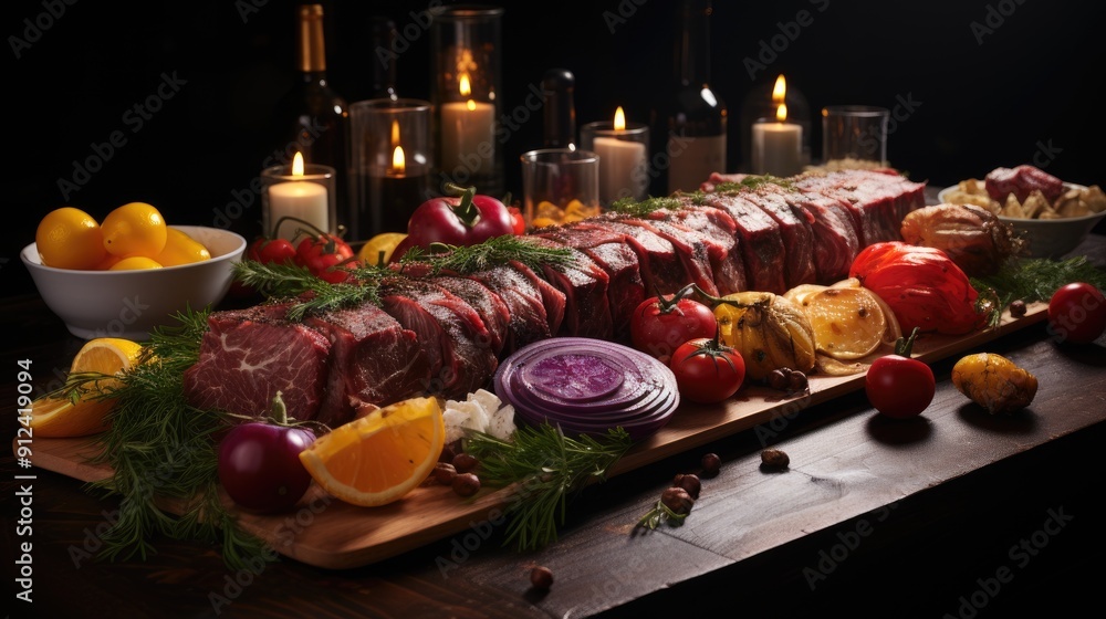 Wall mural an image of kebab on wooden table, with vegetables and meat on top