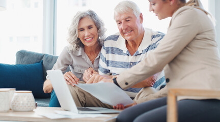 Paperwork, old couple and plan for retirement, pension and financial advisor with senior people or reading. Happy, online and investment of fund, consulting and smile of payment in documents and home