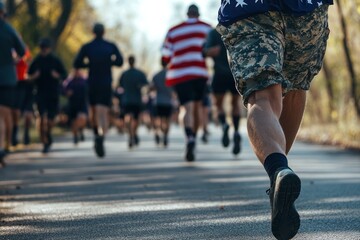 Naklejka premium Runner in Camouflage Shorts Leads a Group of People on a Path