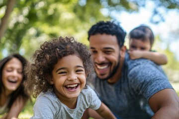 A joyful family playing outdoors, featuring a smiling young girl in the foreground, a man with a beard, and two children. The scene is bright and cheerful, set in a park with greenery.