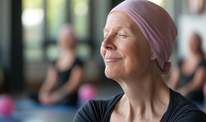 close-up portrait of an elderly cancer survivor with a pink headscarf, smiling during a yoga class in the gym, focusing on relaxation techniques for coping