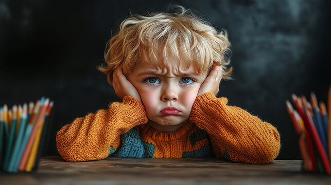 A disappointed elementary student sitting at the classroom desk. 