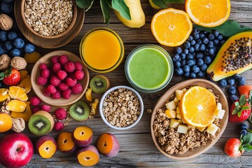 A vibrant arrangement of healthy foods including granola, fresh fruits like oranges, blueberries, raspberries, and bananas, along with smoothies and juices on a wooden table.