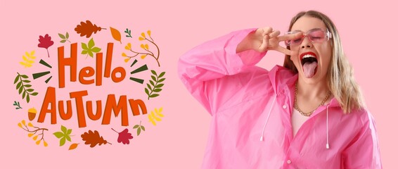 Banner with grimacing woman in raincoat. Hello autumn