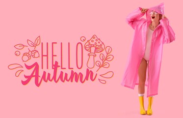 Banner with surprised woman in raincoat. Hello autumn