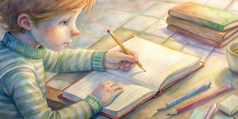 Close-up of a pencil held by a child's hand, scribbling notes on a colorful worksheet, surrounded by scattered textbooks and a ruler on a wooden desk.