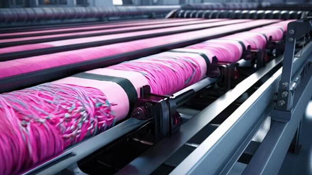 A pink and black machine is shown in a factory. The machine is used to make fabric. The pink fabric is being made in a row