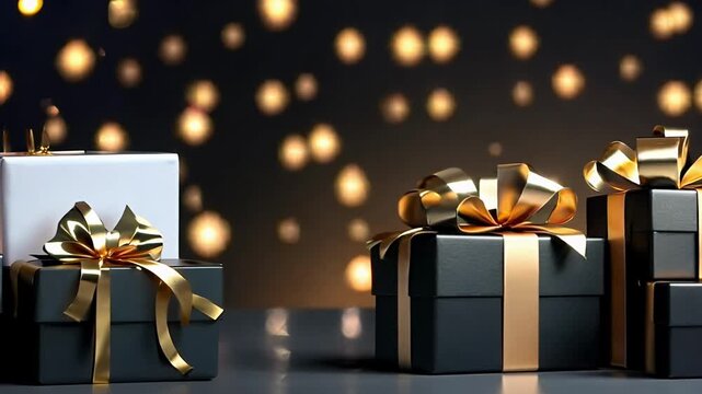 A stack of black boxes with gold ribbons on top. The boxes are decorated and appear to be gifts