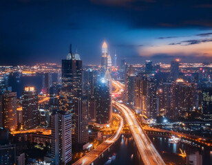 Fototapeta premium Cityscape of a metropolis at night, showcasing urban life, skyscrapers, city lights, modern architecture, bustling city, and metropolitan atmosphere.