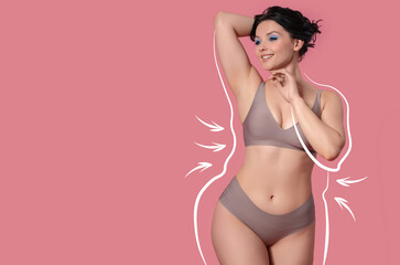 Fototapeta premium Beautiful young happy body positive woman in stylish underwear on grey background