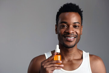 Fototapeta premium An African American man holding a bottle of orange facial oil, smiling in a white tank top against a neutral gray background