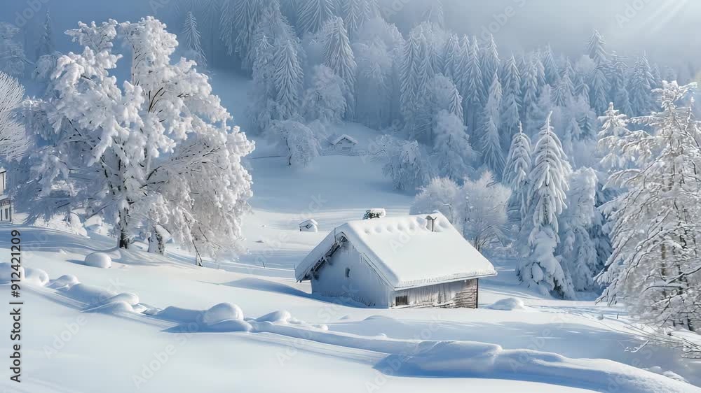 Canvas Prints Winter wonderland: snow-covered cabin and frosty trees in serene landscape