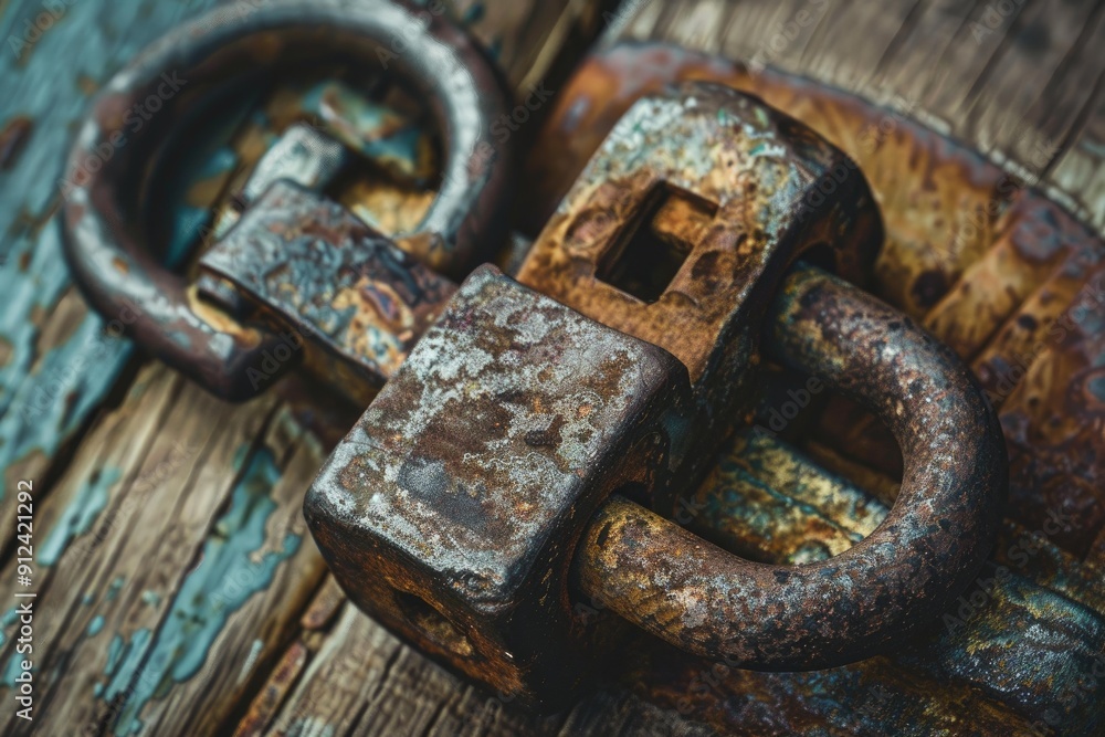Poster close up of an old rusty padlock securing a weathered wooden door, emphasizing the concepts of secur