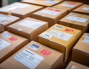Fototapeta premium Shipping labels on packages, representing logistics, delivery, and transportation.